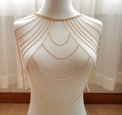 双肩项链披肩玫瑰金色镂空身体链脚链跳舞bodychains搭配礼服晚宴