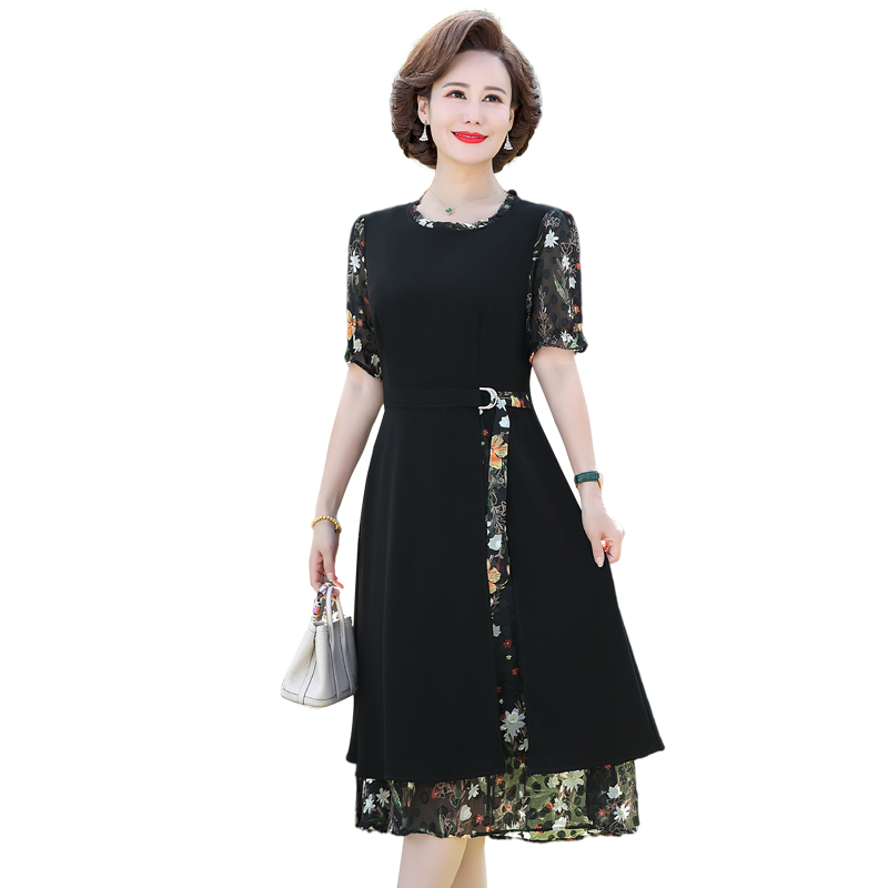 妈妈夏装时尚雪纺连衣裙中年女装40岁50中老年人洋气碎花裙子气质