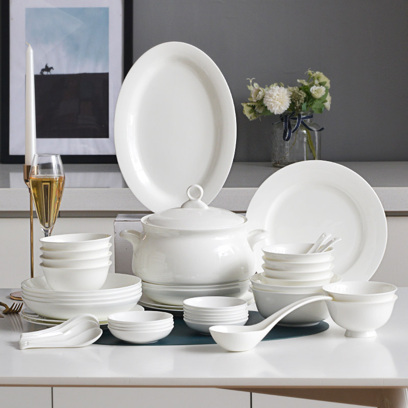 中式陶瓷碗碟套装创意简约家用碗盘组合唐山骨瓷纯白餐具套装送礼,餐饮具,餐具瓷器套装,淘宝优惠券,粉丝福利购,淘宝优惠卷