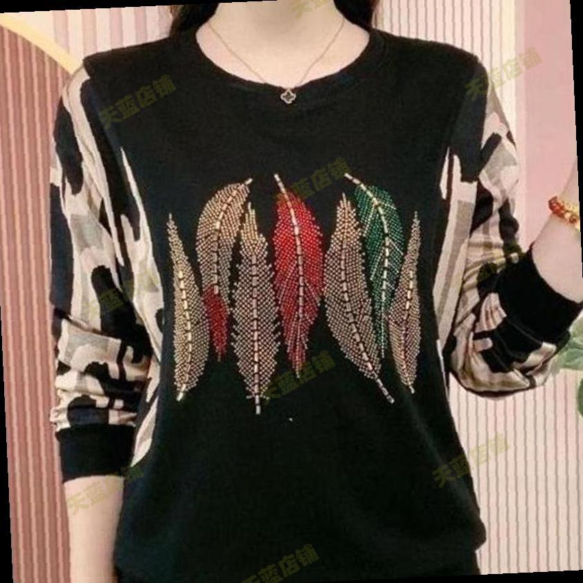 春秋款女士t恤长袖宽松高档洋气烫钻上衣中老年妈妈时尚潮流女装