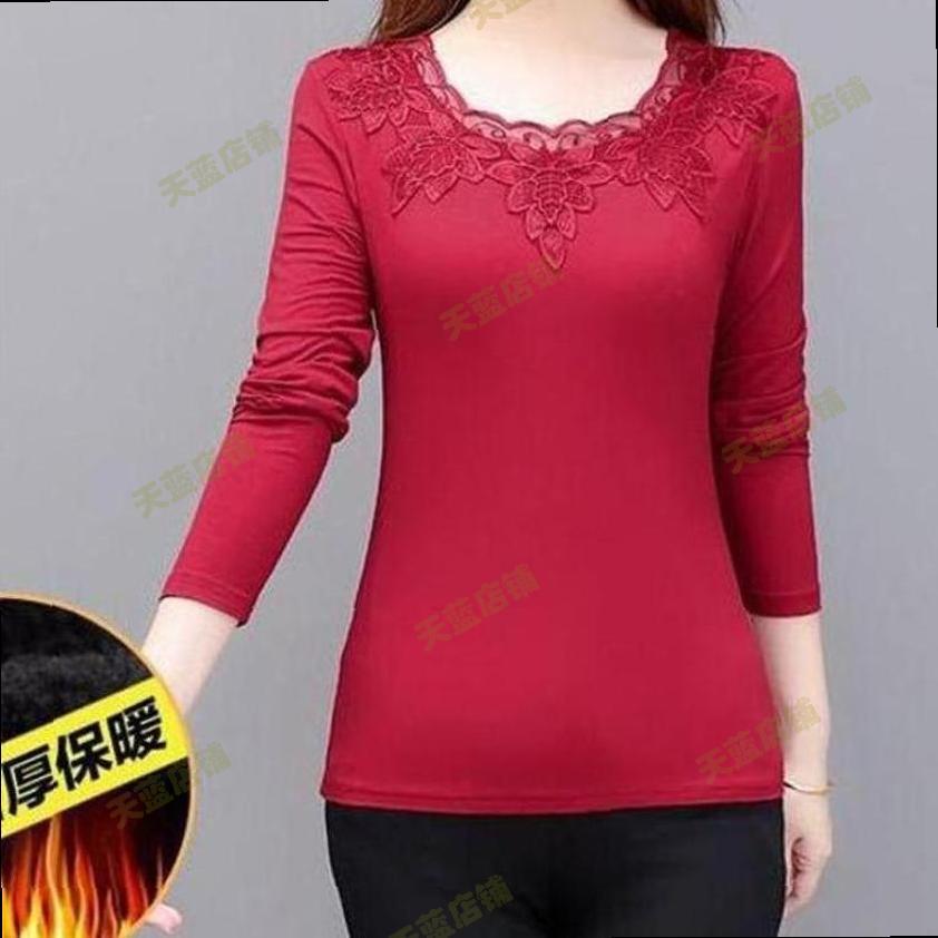 秋季蕾丝拼接德绒打底衫女大码显瘦内搭长袖t恤洋气时尚妈妈上衣