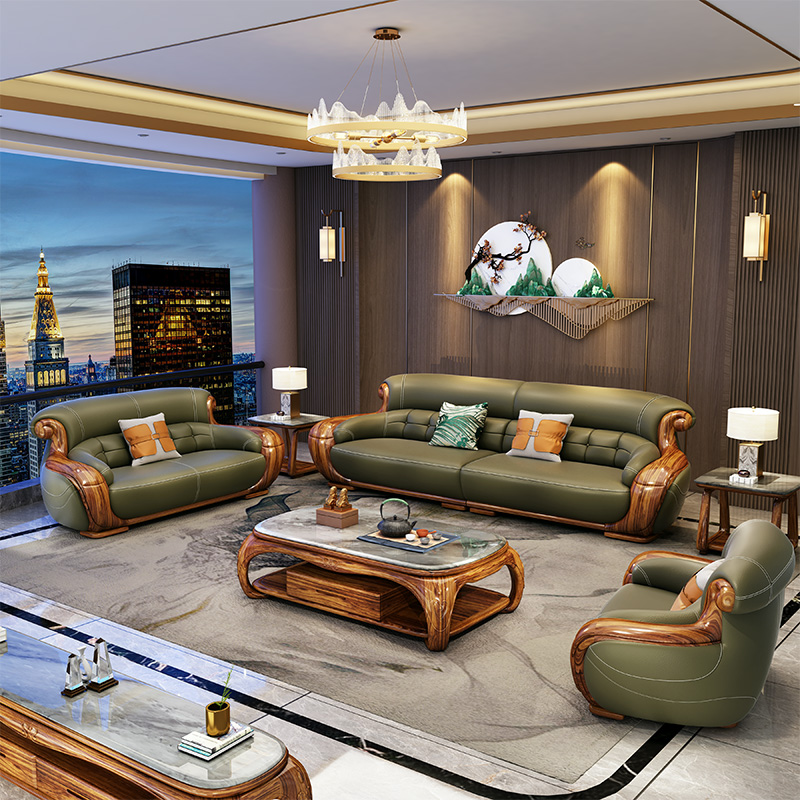 2024新款别墅新中式乌金木沙发客厅实木家具头层牛皮真皮沙发组合