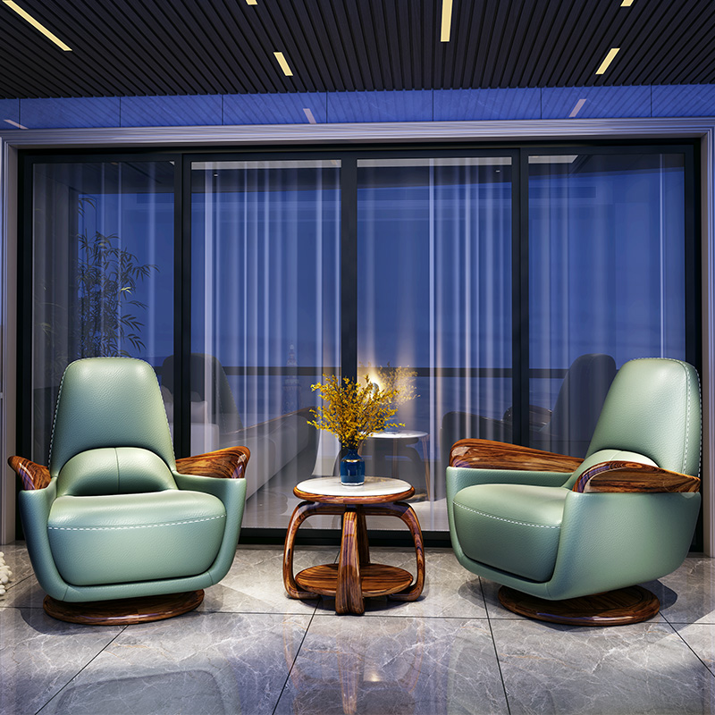 威狮漫新中式乌金木休闲单人真皮转椅客厅现代简约实木360度旋转