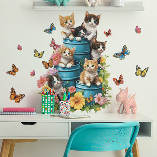 新款创意铁桶猫咪墙贴自粘可移儿童房幼儿园墙面布置Cat stickers