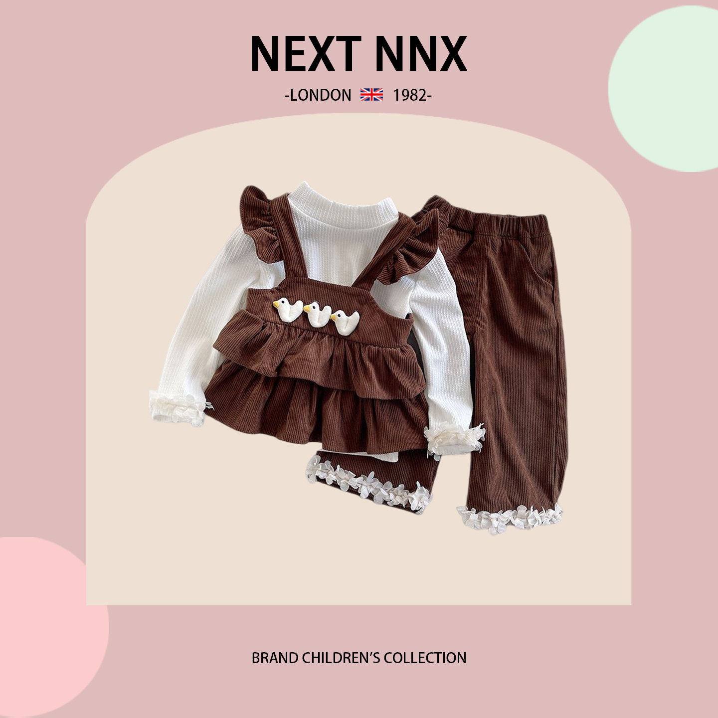 英国NEXT NNX女童春秋休闲套装女宝宝立体花朵马甲打底长裤三件套