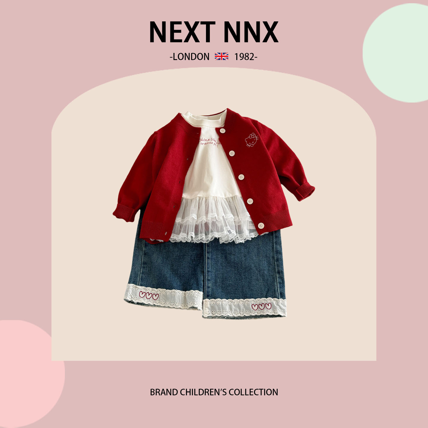 英国NEXT NNX女童春秋韩版休闲套装女宝宝小猫刺绣开衫花边牛仔裤