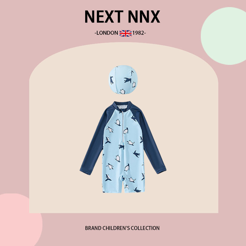 英国NEXT NNX儿童泳衣男童长袖拉链连体式游泳衣海洋动物印花泳衣
