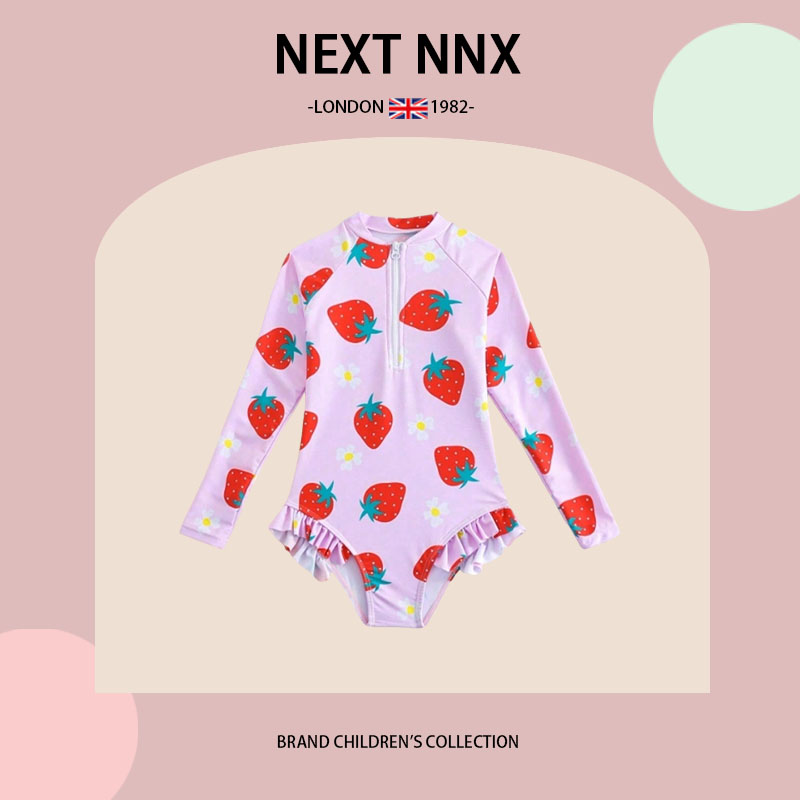 英国NEXT NNX儿童泳衣女童长袖连体游泳衣草莓印花裙摆荷叶边泳装