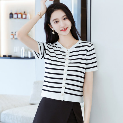 黑白条纹女士短袖t恤夏季 洋气冰丝针织衫百搭高腰小个子短款上衣