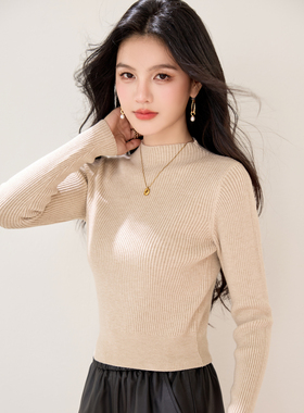 长袖针织衫上衣女装2025新款秋冬小个子短款毛衣内搭半高领打底衫