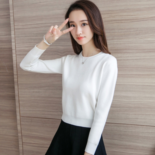 毛衣女秋冬新款 修身 女装 内搭打底衫 圆领小个子上衣 针织衫 白色短款