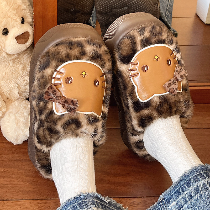 豹纹猫咪毛绒厚底包头棉拖鞋女冬季加绒居家室内保暖防滑可爱毛拖,居家布艺,居家棉拖/棉鞋,淘宝优惠券,粉丝福利购,淘宝优惠卷