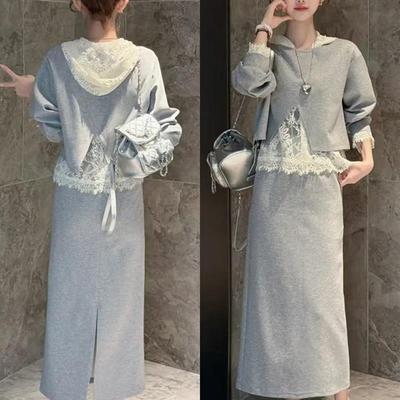 气质套装裙女2025春季新款洋气连帽蕾丝背心长袖卫衣半身裙三件套