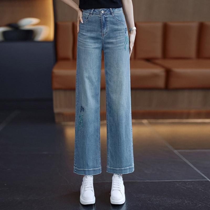 窄版直筒牛仔裤女夏季薄款2025年新款高腰刺绣小个子九分阔腿裤子