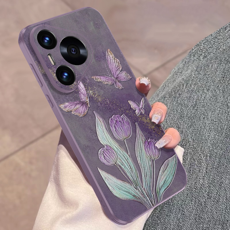 适用华为pura70pro手机壳新款郁金香蝴蝶P70ultra高级感镜头全包防摔保护套p70por+网红创意轻薄个性情侣女外