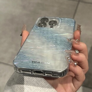 适用苹果16promax手机壳新款 13女透明外壳 闪粉蓝贝壳纹iphone15pro高级感全包防摔15plus网红ins风14创意个性