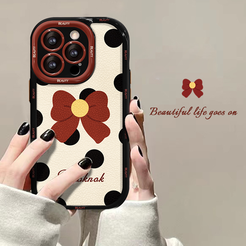 适用苹果16promax手机壳新款iPhone15promax波点蝴蝶结高级14保护套16pro小羊皮14镜头全包15pro防摔女软硅胶