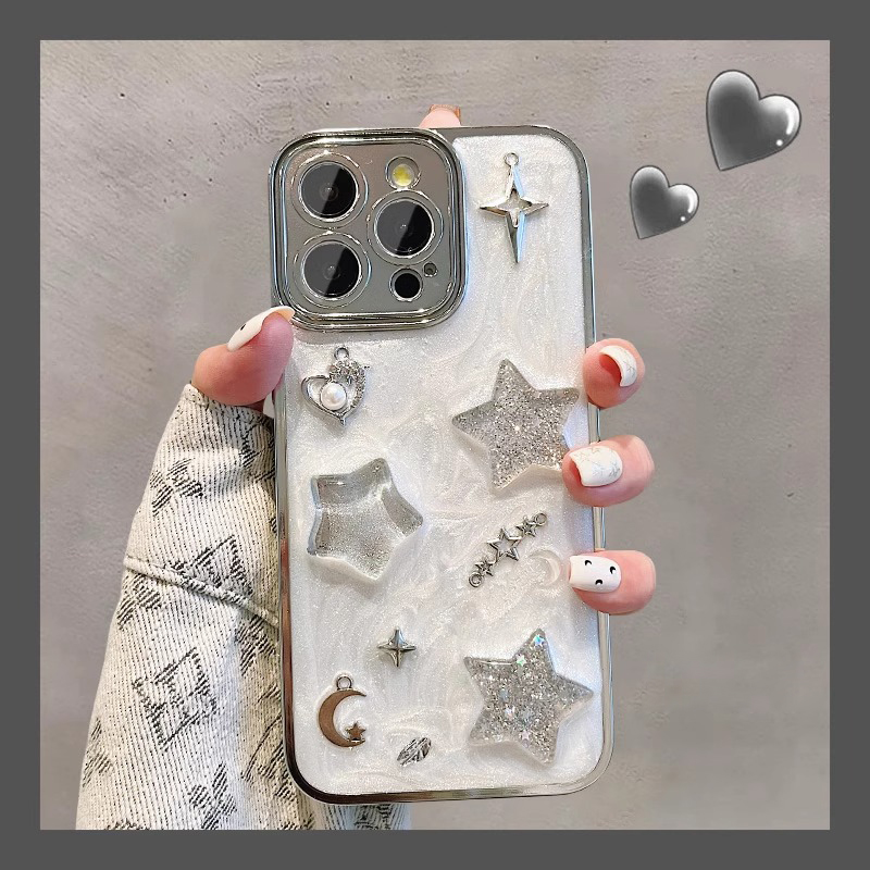 适用苹果16promax手机壳新款星星月亮iPhone15pro高级感电镀镜头全包防摔保护套15plus网红 ins风14甜酷少女
