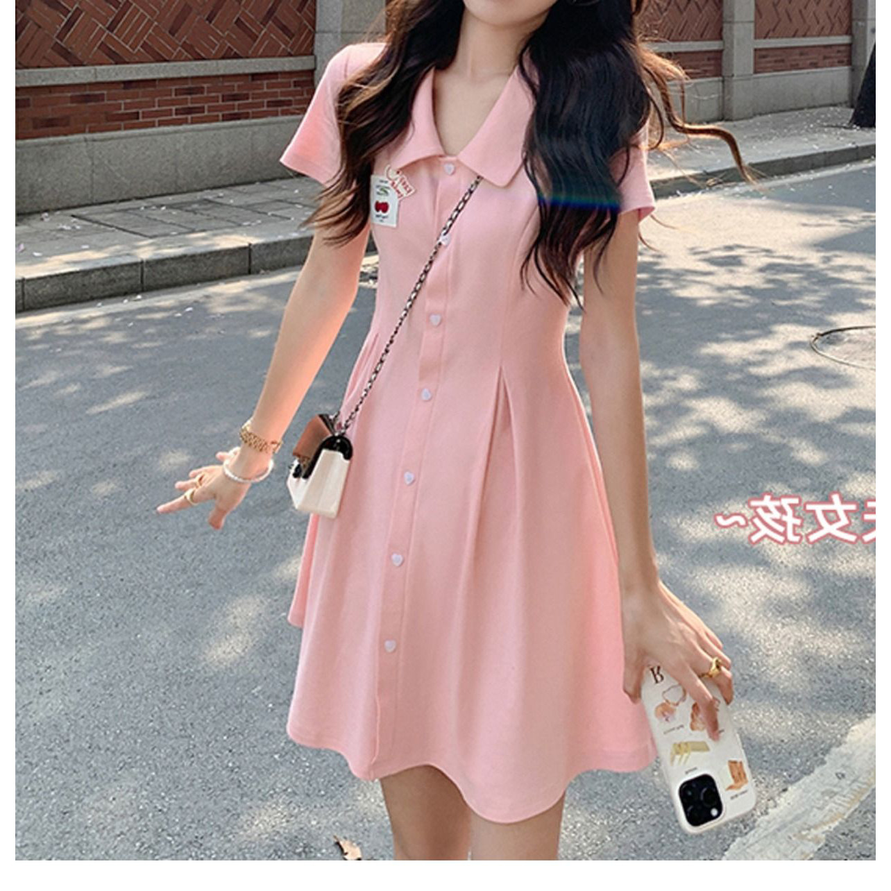 曾小咸学院风少女感Polo领连衣裙女夏小个子收腰甜美显瘦粉色短裙
