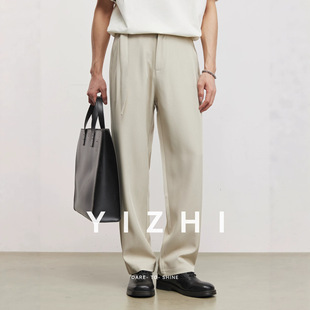 宽松直筒通勤褶皱阔腿西裤 亦止垂坠肌理冰丝抽绳商务休闲裤 男夏季