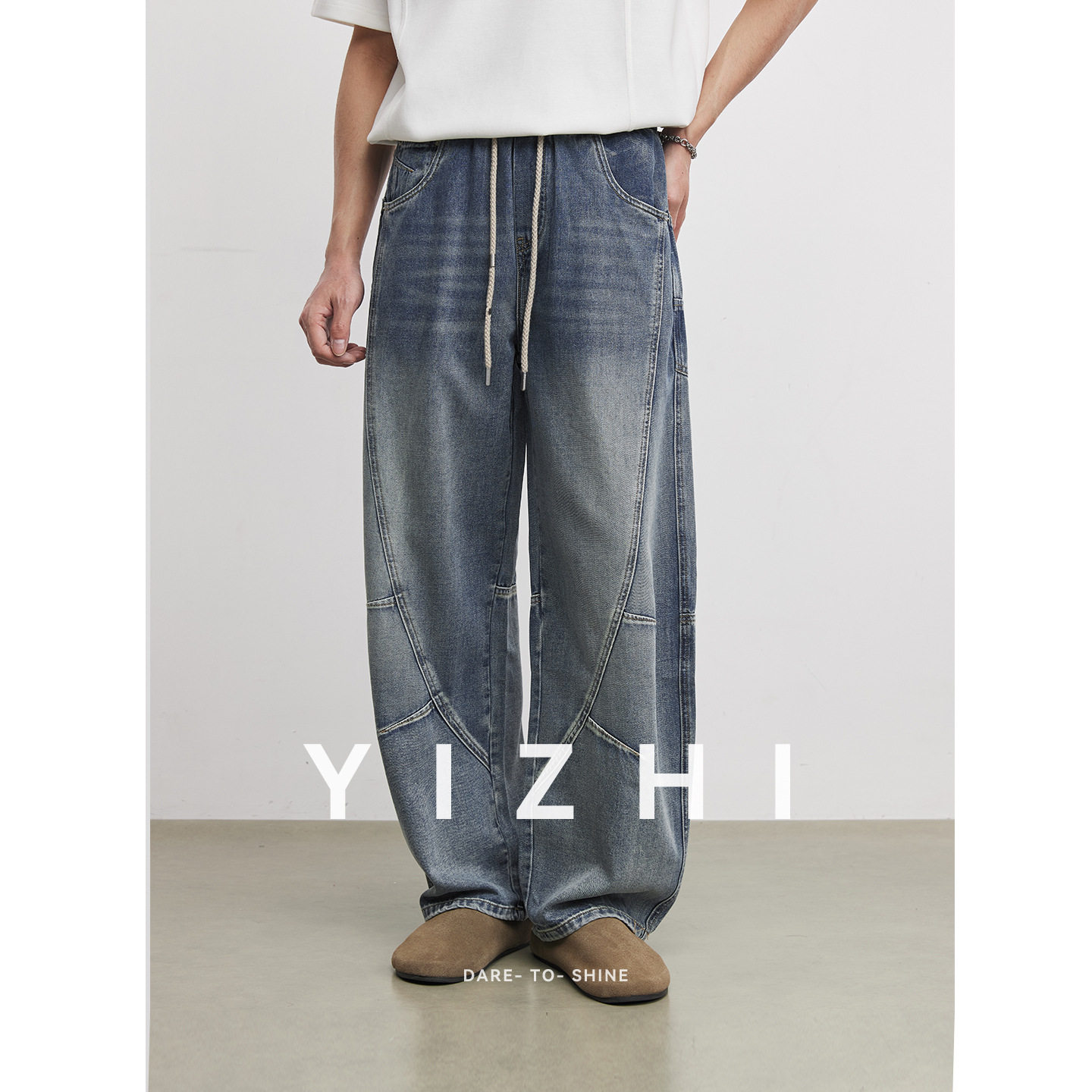 亦止美式复古抽绳弯刀牛仔裤男士春季新款水洗工艺潮流阔腿裤长裤