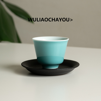 无聊茶友 天蓝色小雅杯品茗杯带杯垫组合高档颜值茶杯功夫主人杯
