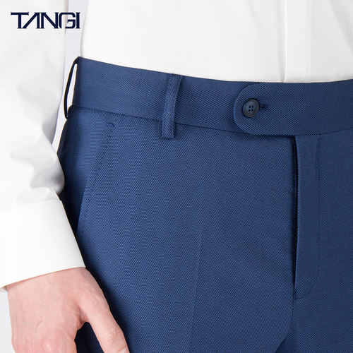 蓝色垂坠感春秋修身免烫西装裤男