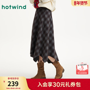 热风女士格子半身裙2025年冬季新款不规则设计感复古格纹文艺半裙