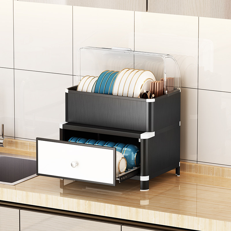 抽屉式碗柜家用厨房台面桌面放碗架沥水碗碟收纳盒带盖餐具柜小型