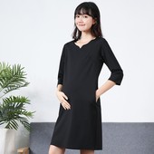 简约工作服 纯棉长袖 2026新款 孕妇春夏V领职业连衣裙显瘦通勤时尚
