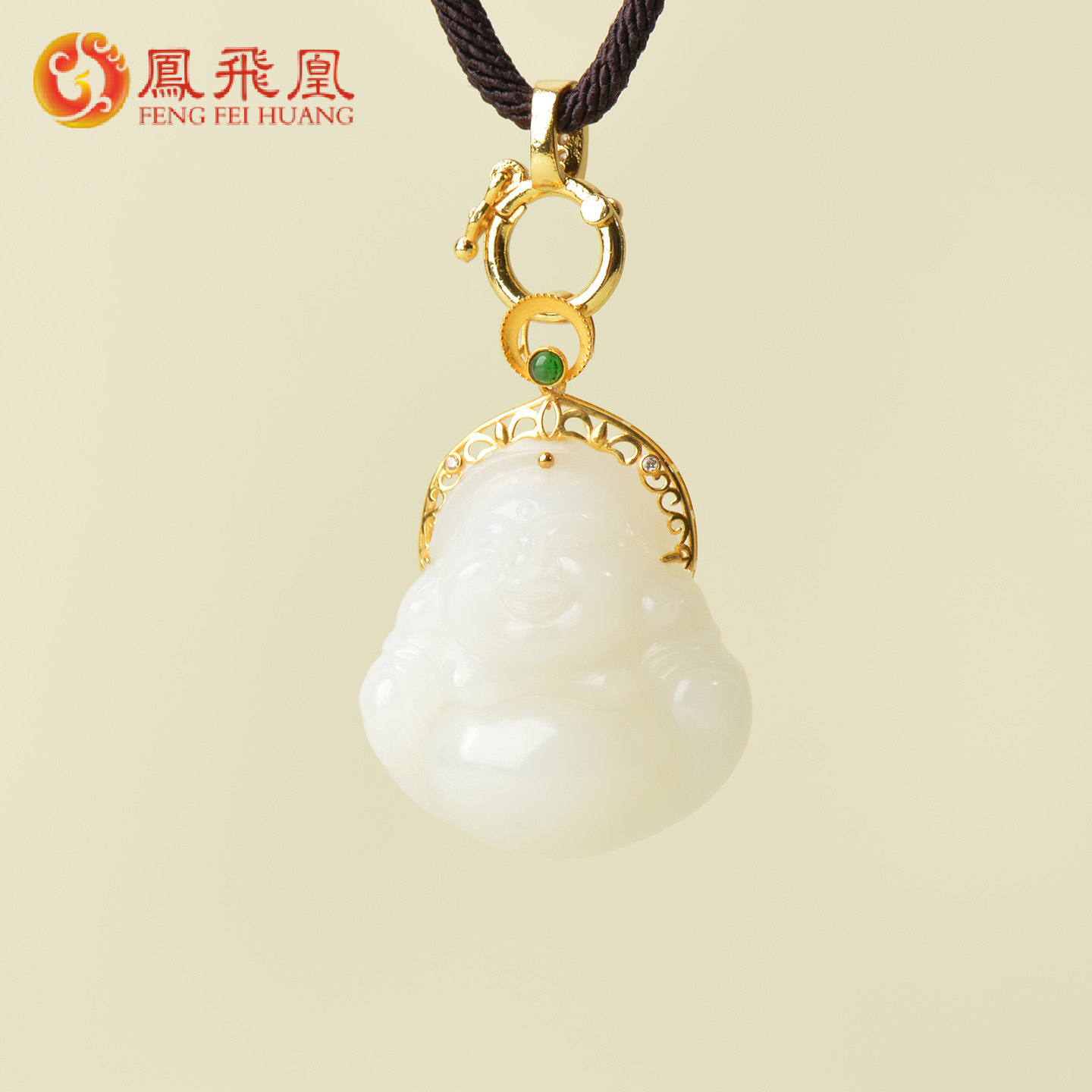 凤飞凰和田玉羊脂白玉佛公吊坠女款18k金镶玉佩笑佛挂件节日礼物