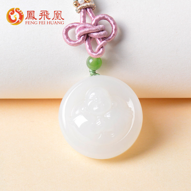 凤飞凰和田玉佛像吊坠项链女白玉平安挂件圆形佛公儿童小佛颈饰