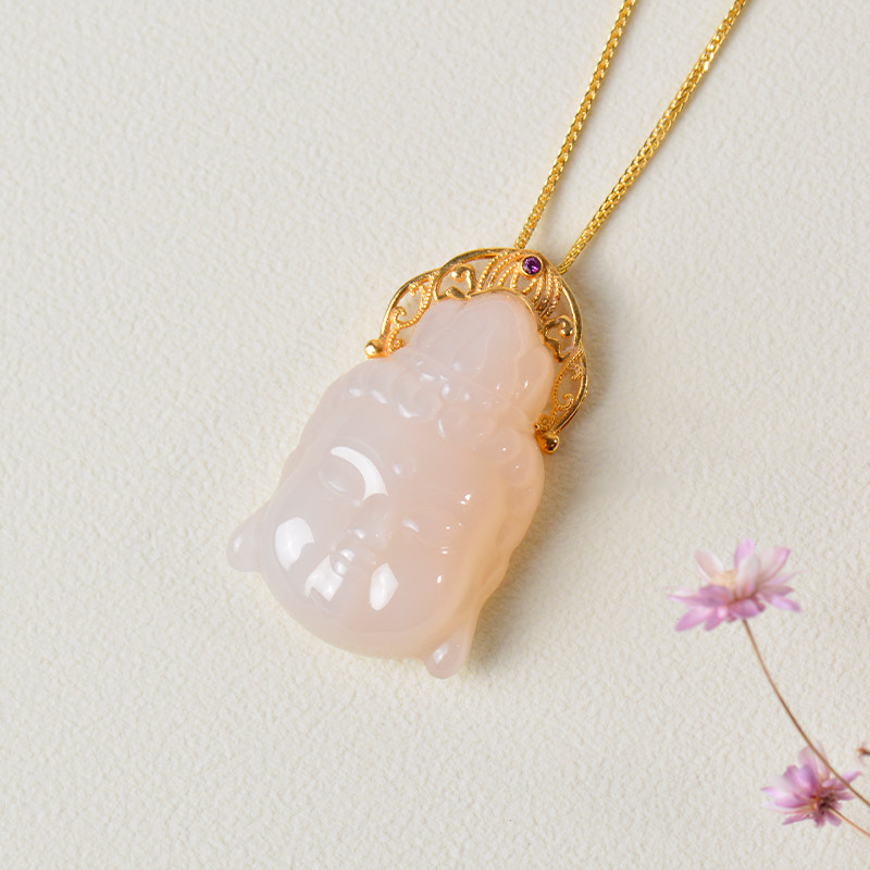 凤飞凰天然和田玉藕粉佛像吊坠女款18k金镶玉石项链高级感挂件D