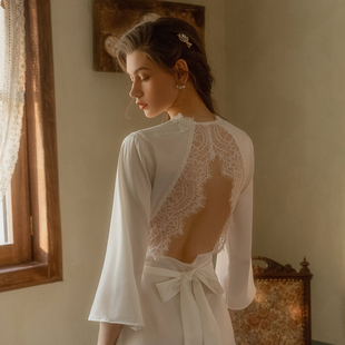 白色蕾丝婚礼晨袍女秋冬新娘长款睡衣露背性感法式睡袍伴娘服红色