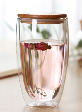 双层耐热玻璃杯透明咖啡杯家用隔热水杯牛奶杯带盖茶杯果汁杯创意