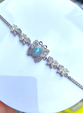 95半银饰蝴蝶造型镶嵌天然拉利玛海纹石手链日韩款简约时尚潮流