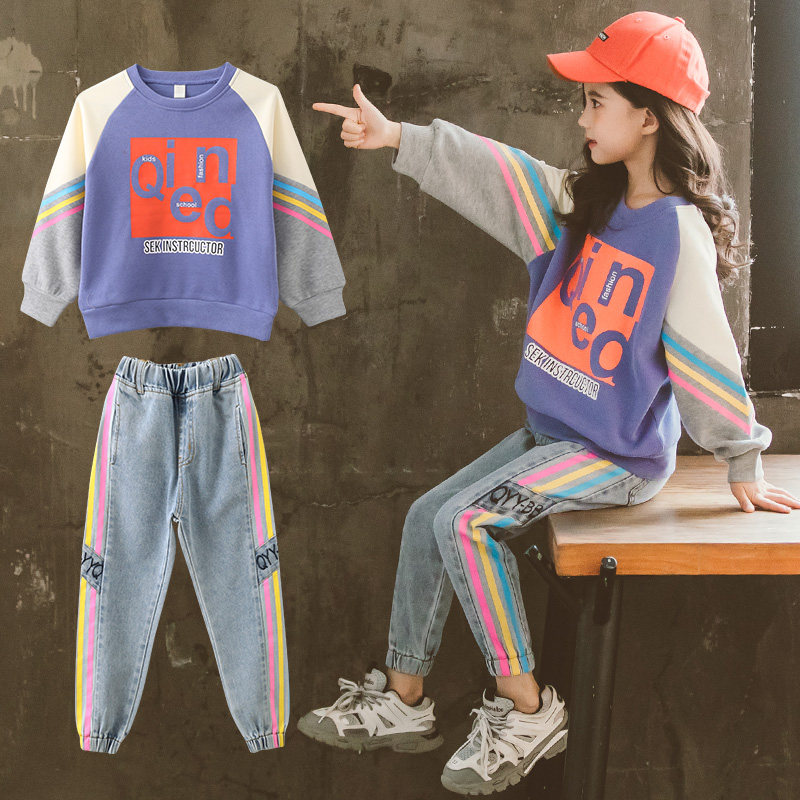 Girls spring suit 2021 new pattern Western style children motion Sweater CUHK Korean Edition Jeans spring and autumnin the Children/Baby/Family fitted , Set  category - from Buy2taobao.com to provide professional Taobao agent buy service