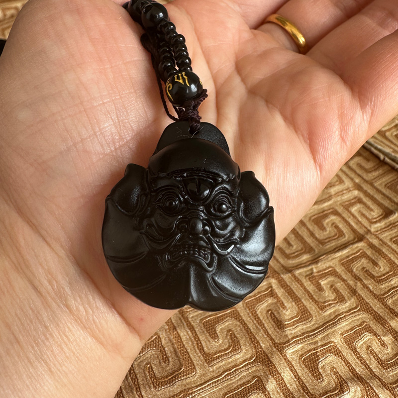 嫣芝美玉男女黑曜石天师钟馗项链