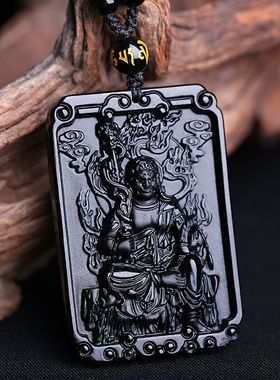 不动尊菩萨天然黑曜石属鸡吊坠