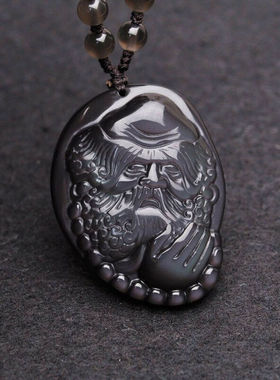 达摩天然黑曜石挂件玉佩证书吊坠