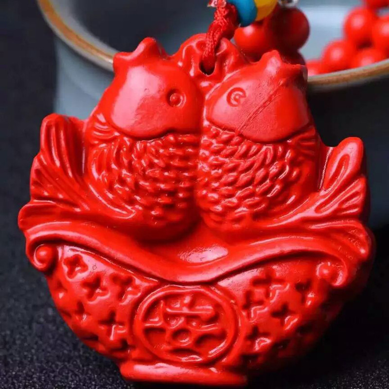 双鱼平安吊坠台湾原色朱砂帝王红鱼牌五行缺水补水项链送证书