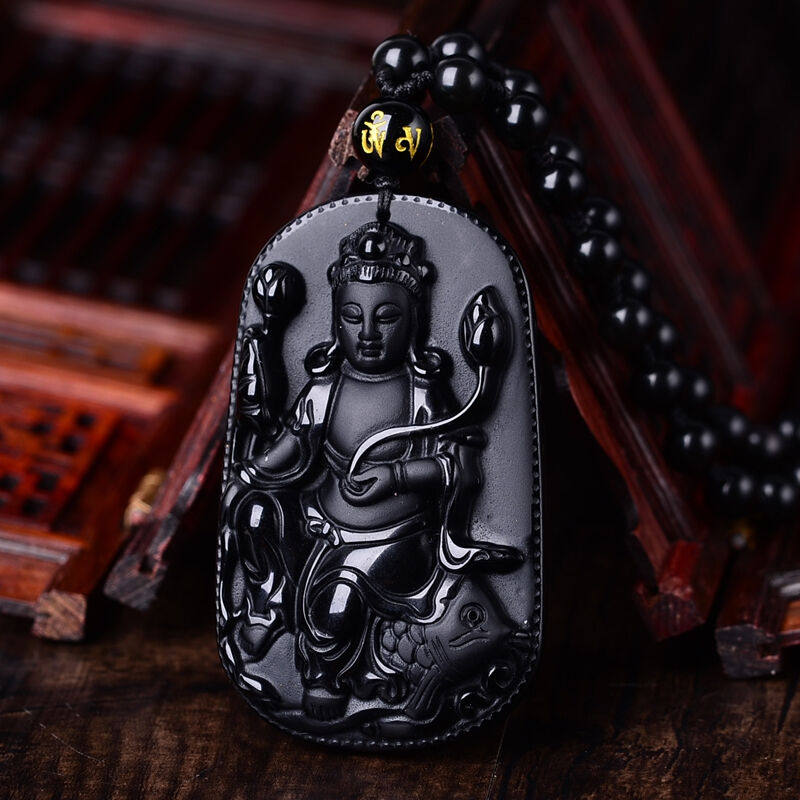 天然黑曜石莲花观音挂件证书吊坠