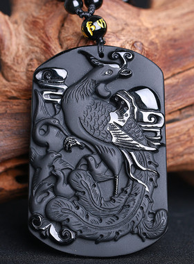 天然黑曜石朱雀五行缺火证书吊坠