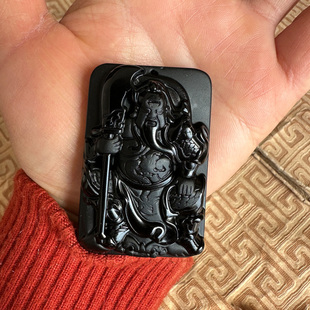 大刀关公玉佩项链天然黑曜石关羽吊坠武财神钥匙扣男女挂件送证书