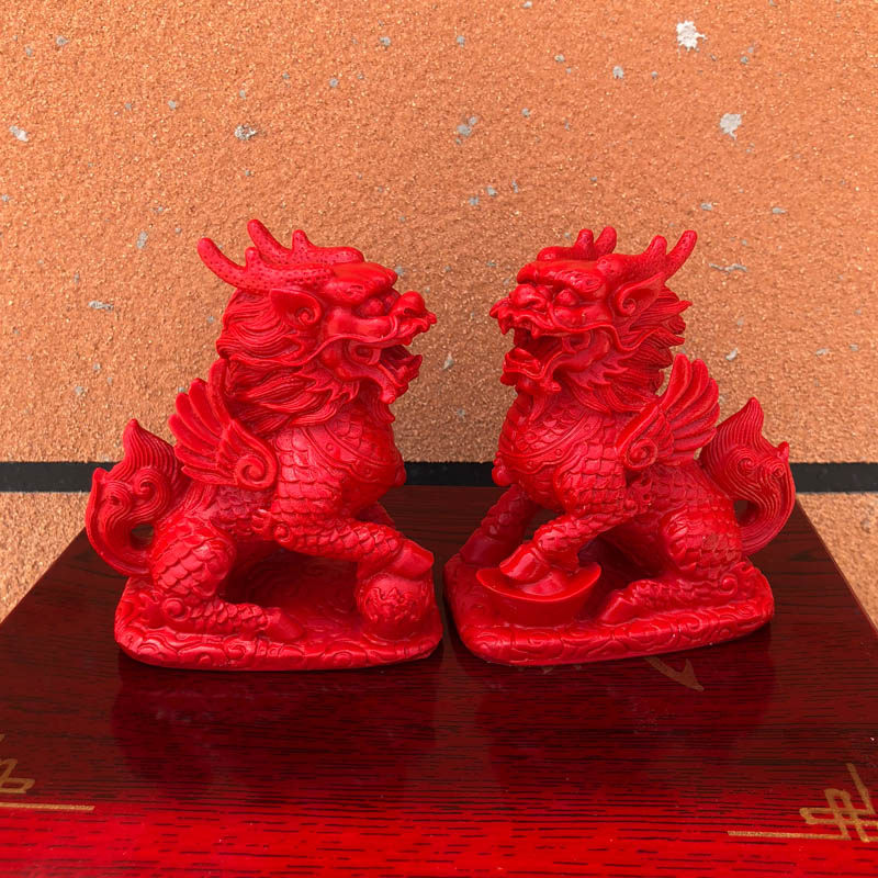 火麒麟摆件一对帝王红麒麟踩绣球家居客厅装饰朱砂工艺品送证书