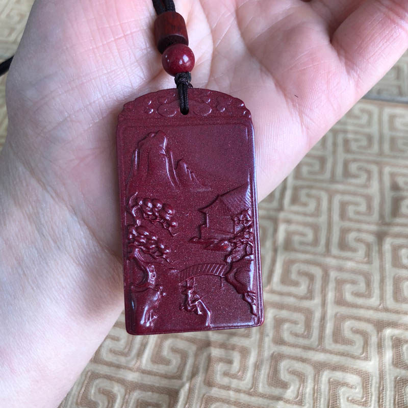 台湾原色朱砂吊坠随身男女山水意境玉佩项链玉牌挂件送证书