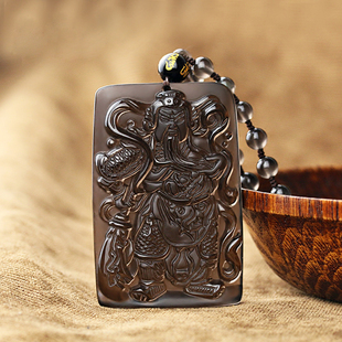 方牌关公项链冰种黑曜石大刀武财神关二爷吊坠招财挂件送证书