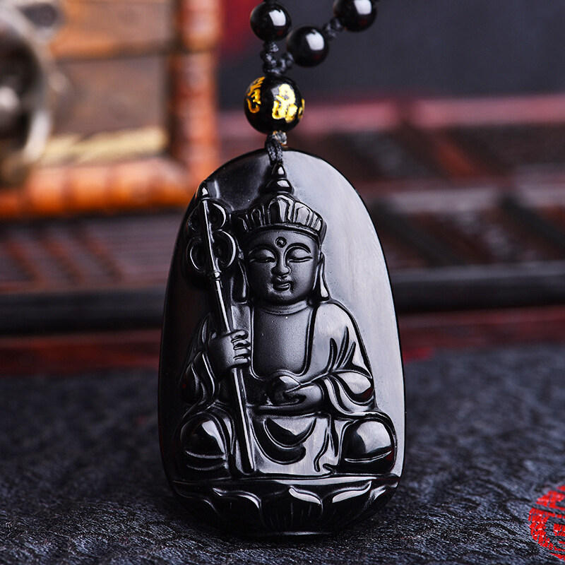 天然黑曜石地藏王菩萨吊坠钥匙扣唐僧玉坠项链挂件送证书