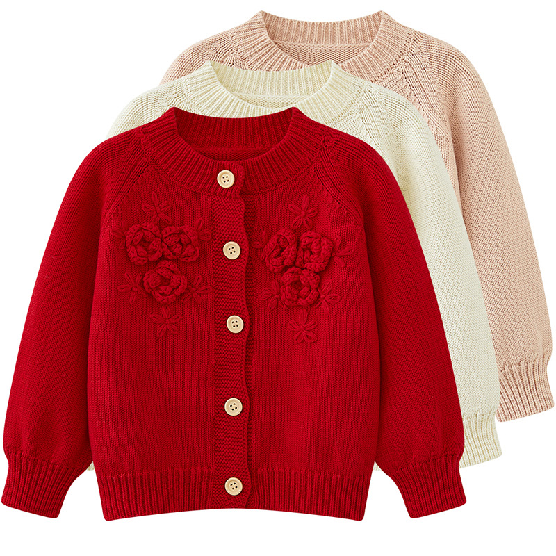 0-5岁女童秋季毛线开衫1周宝宝大红色毛衣外套婴幼儿纯棉针织线衣