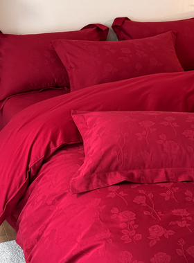 高端提花磨毛结婚四件套纯棉全棉2025新款婚庆红色喜被套陪嫁床单